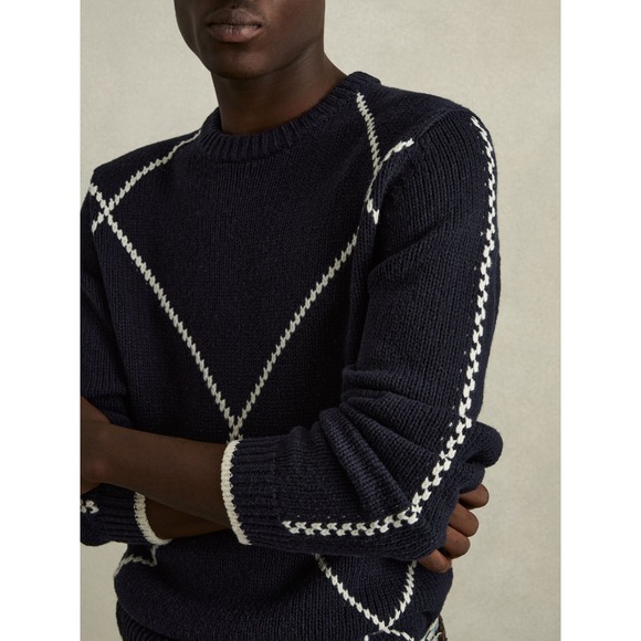 NWOT Reiss Navy Blue White Argyle Knit Wool Blend Pullover Sweater Size Large - Picture 3 of 9